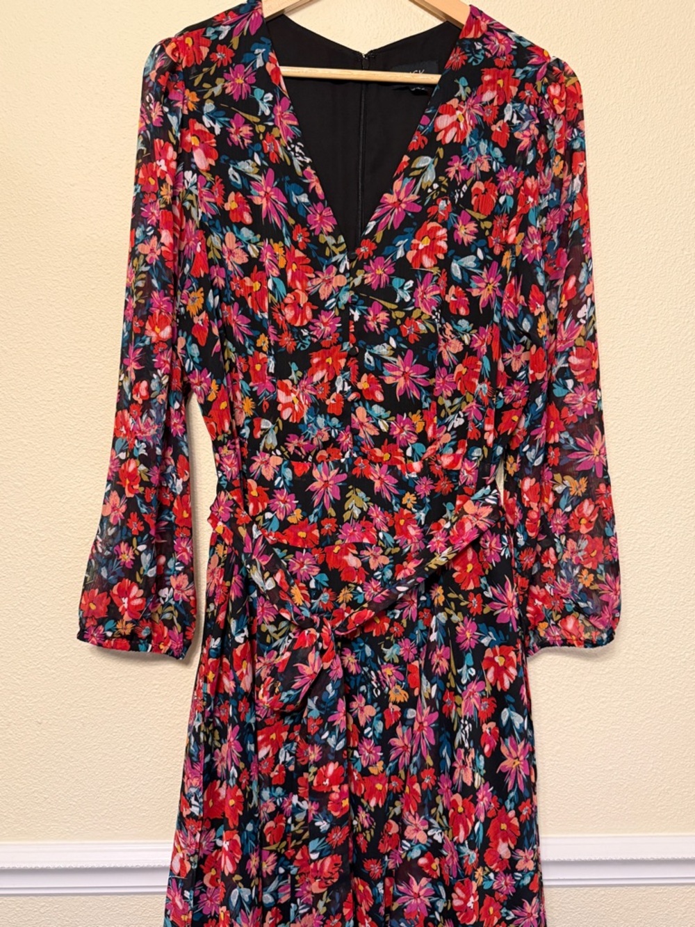 MSK Black Floral Long Sleeve Wrap Dress with Red, Pink & Blue Accents